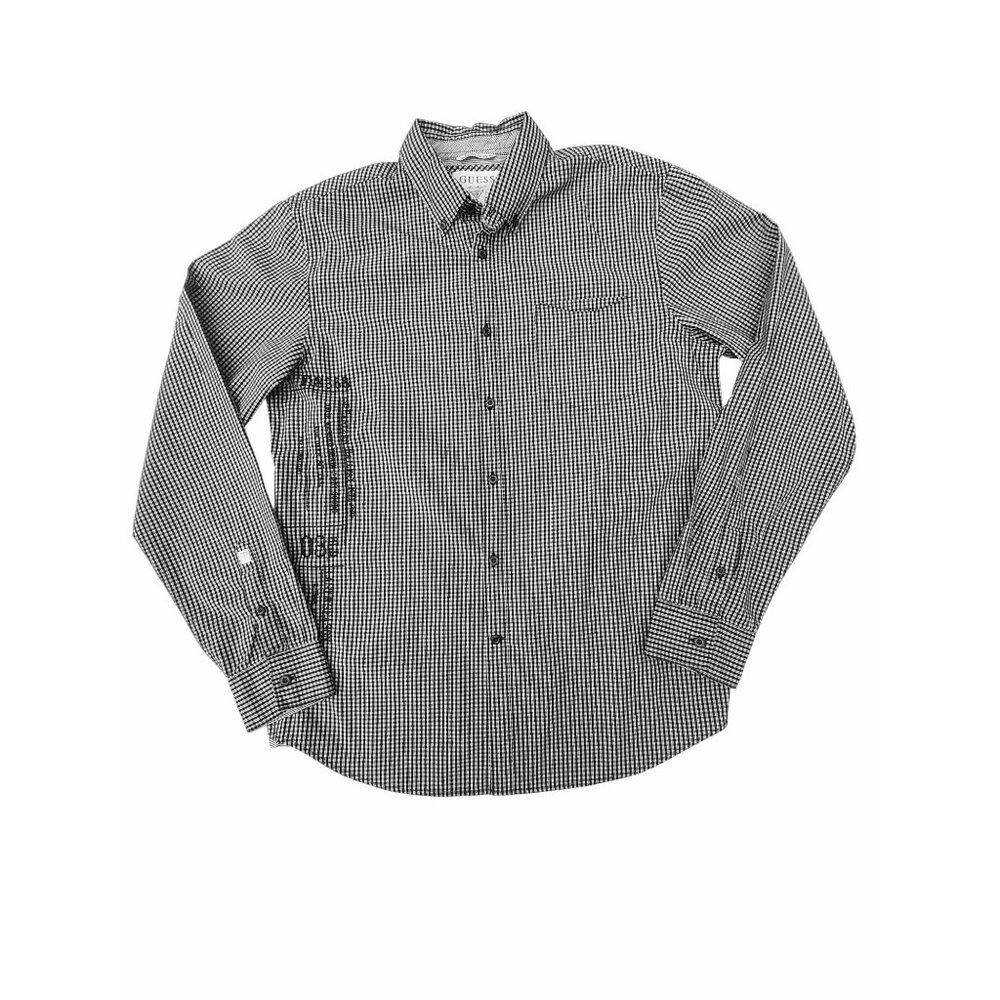 Guess Mens Button Up Black White Plaid Long Sleeve Shirt Size L Embroidered Logo